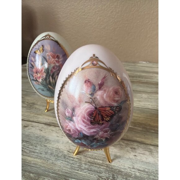 Lena Liu Danbury Mint Butterfly Garden Porcelain Egg Lot of 3 w/Stands 1990s - Picture 9 of 16